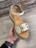 Oh My Sandals - Cream Wedge/Gold Buckle Detail