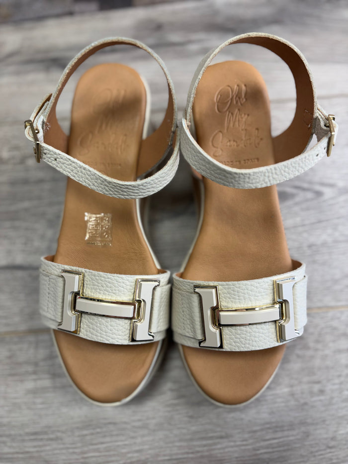 Oh My Sandals - Cream Wedge/Gold Buckle Detail