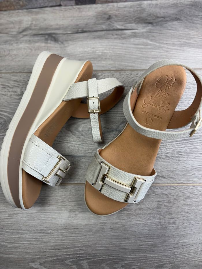 Oh My Sandals - Cream Wedge/Gold Buckle Detail