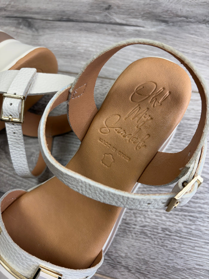 Oh My Sandals - Cream Wedge/Gold Buckle Detail