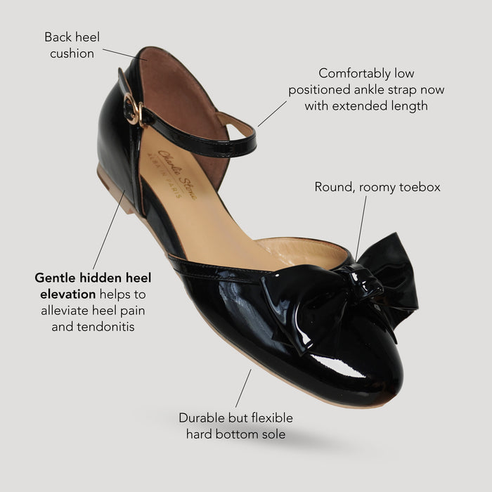 1950's Vintage French Parisian inspired flats in black patent leather with large patent bow retro flats with hidden wedge designed by Alba in Paris old money shoes women