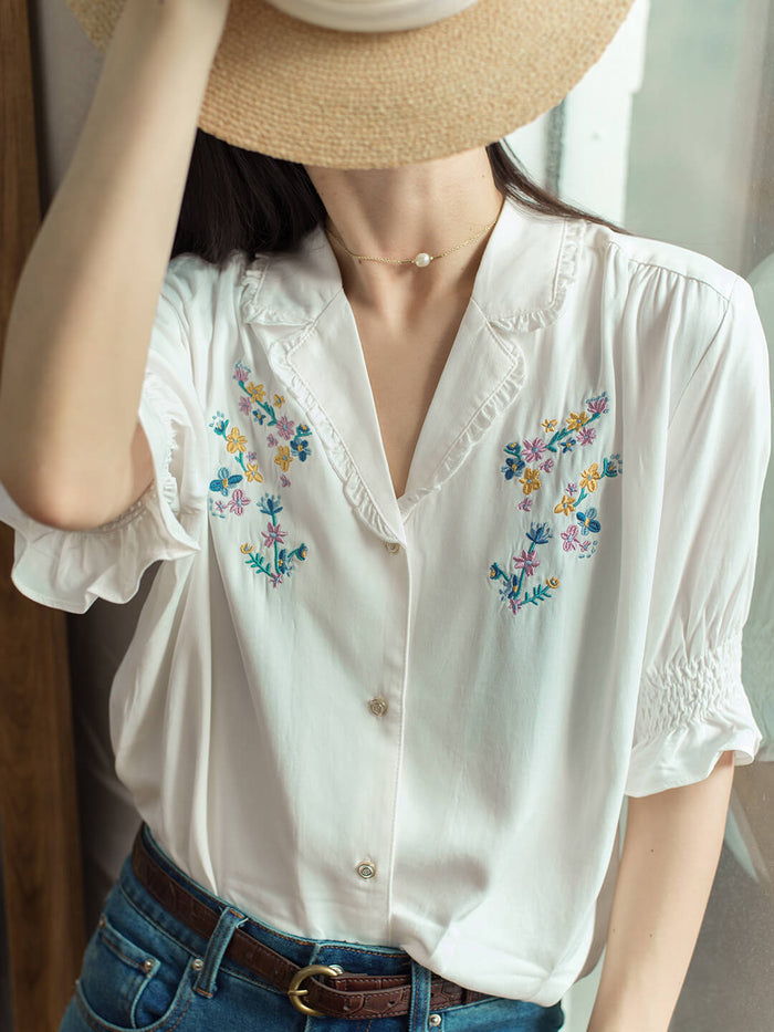 Alicia Floral Embroidery V-Neck Blouse White