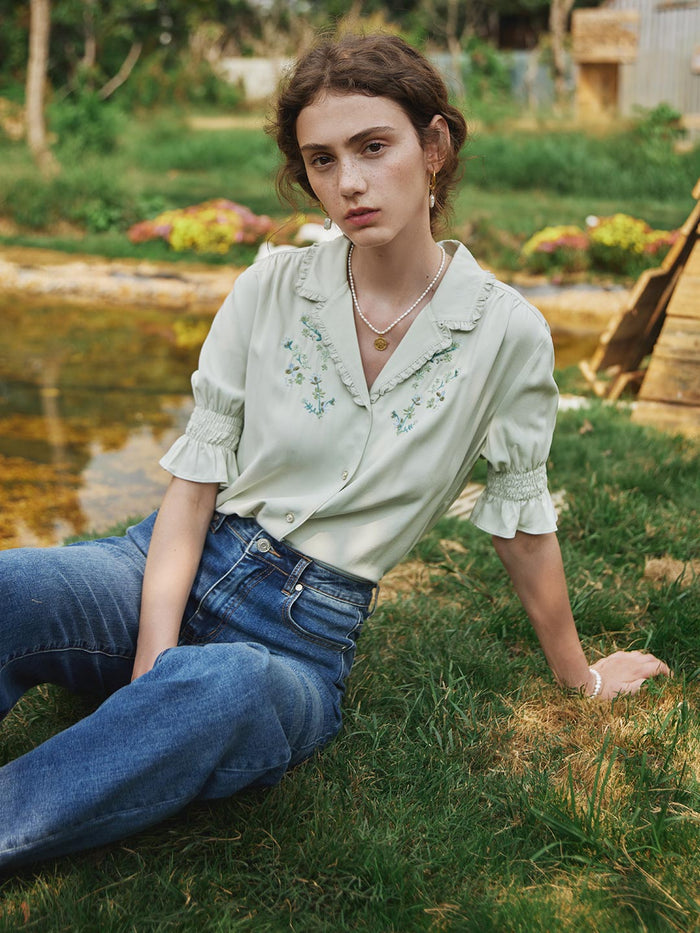 Alicia Embroidery V-Neck Blouse/Simple Retro/1200022