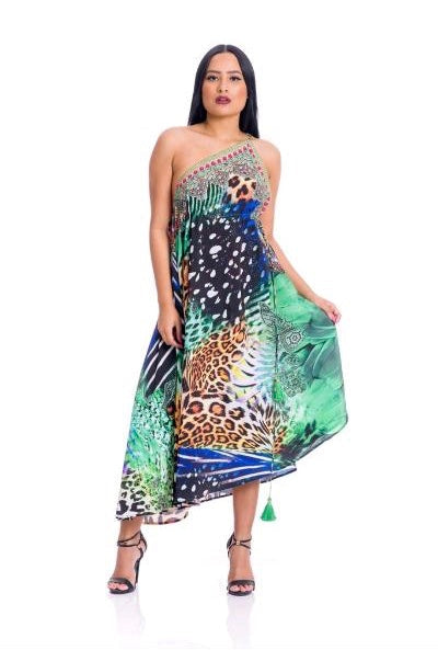 Animal print green three way dress