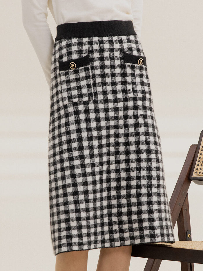 Ansley Checkerboard Black Midi Knitted Skirt/Simple Retro/66015