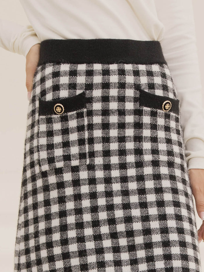 Ansley Checkerboard Black Midi Knitted Skirt/Simple Retro/66015