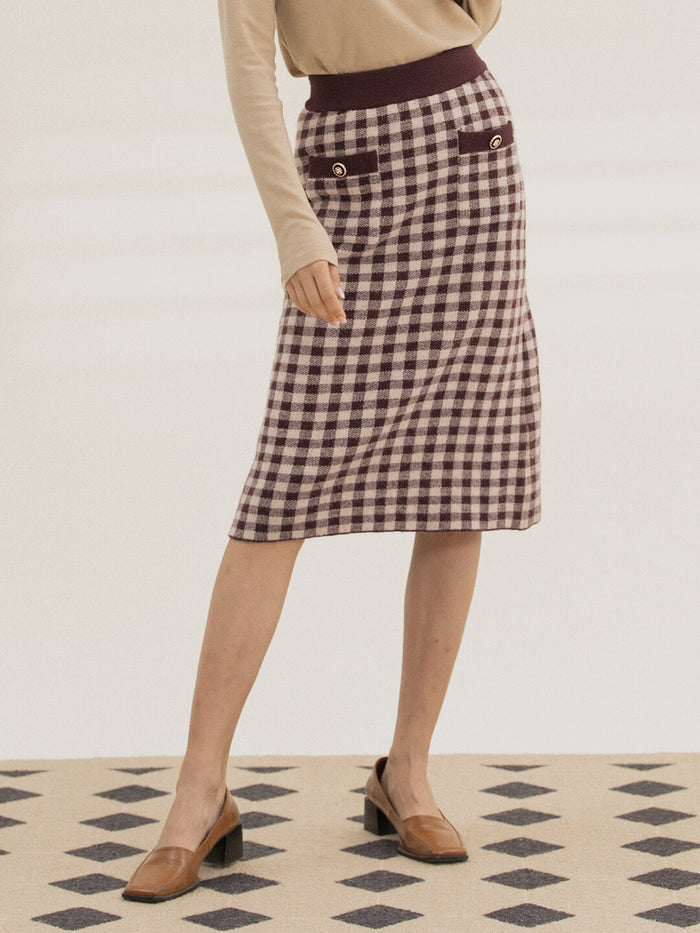 Ansley Checkerboard Midi Knitted Skirt/Simple Retro/66015