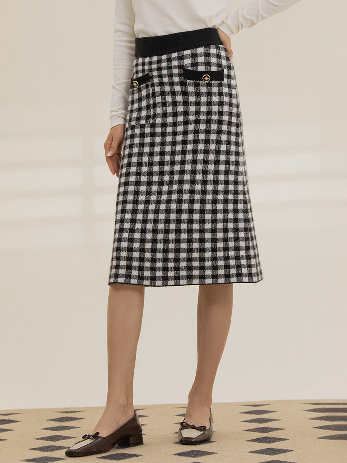 Ansley Checkerboard Midi Knitted Skirt/Simple Retro/66015