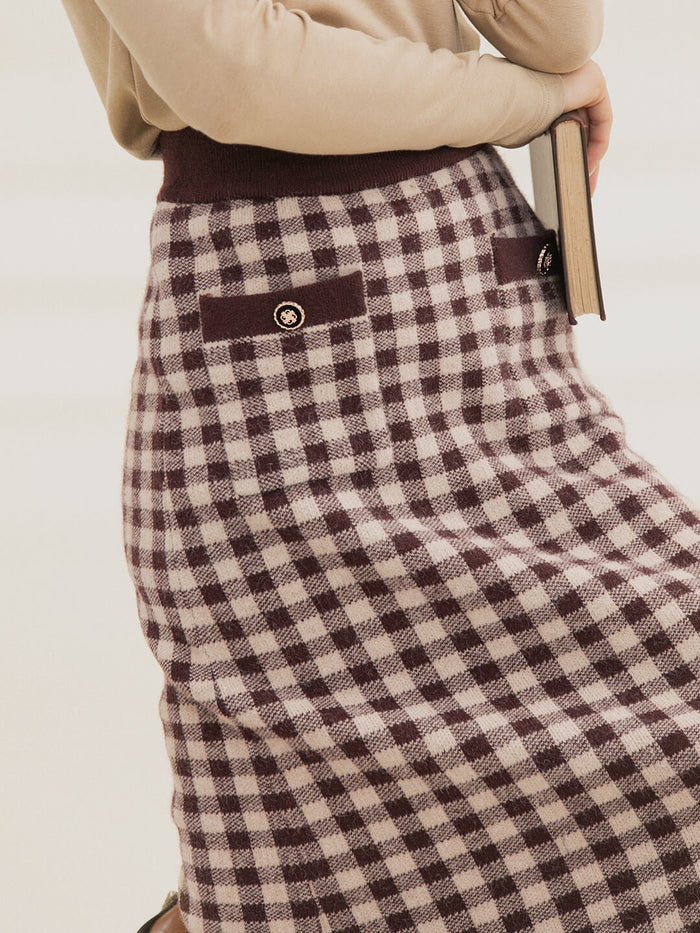 Ansley Checkerboard Midi Knitted Skirt/Simple Retro/66015