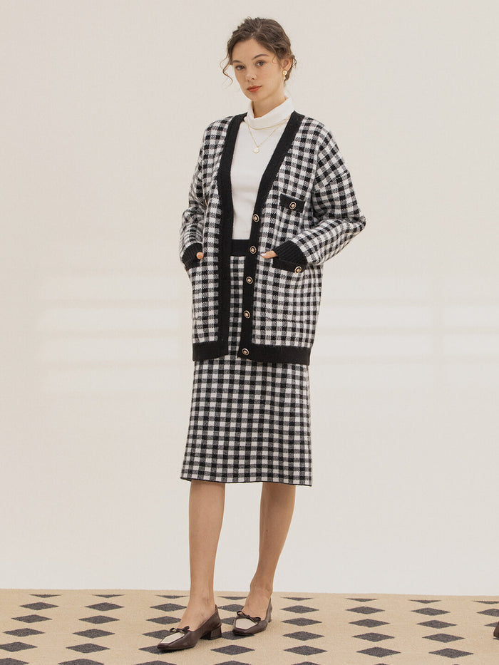 Ansley Checkerboard Midi Knitted Skirt/Simple Retro/66015