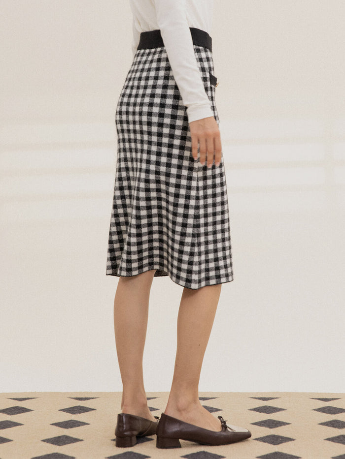 Ansley Checkerboard Midi Knitted Skirt/Simple Retro/66015