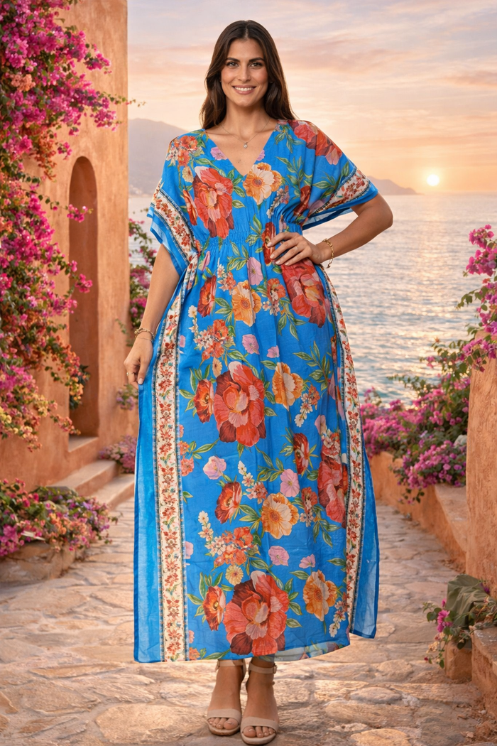 Azure Bloom Border Maxi Kaftan-26512-B