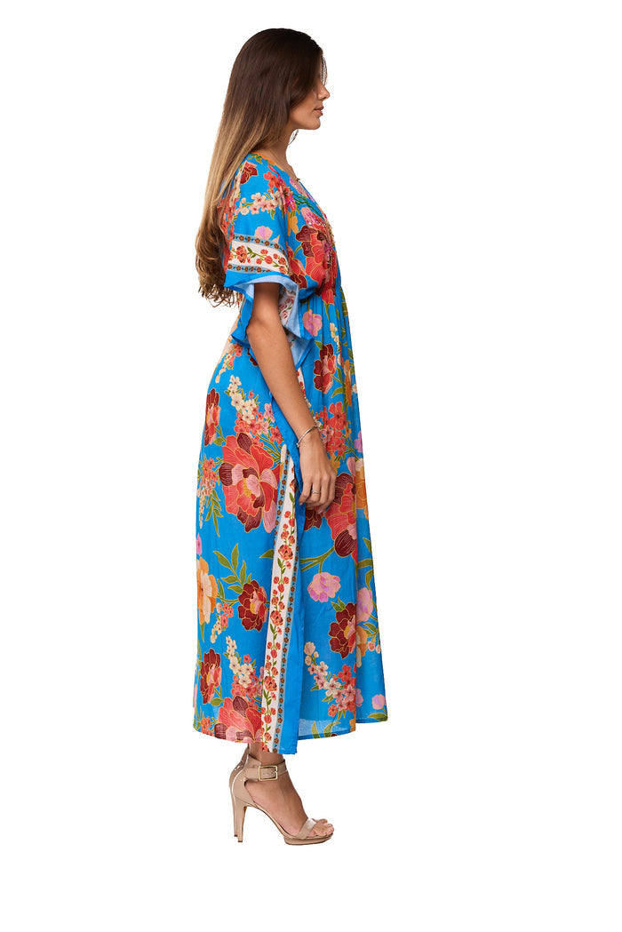 Azure Bloom Border Maxi Kaftan-26512-B