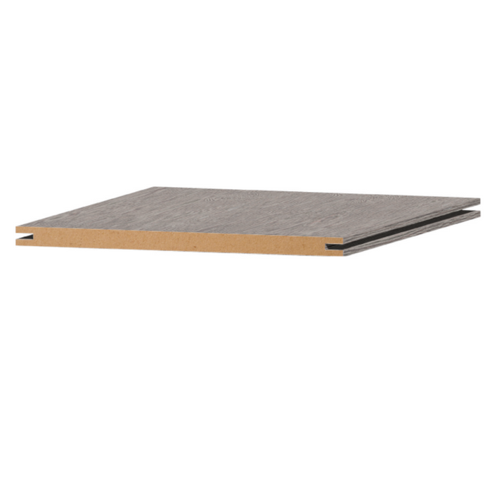 Gray composite stair landing tile with woodgrain finish and yellow underside on white background