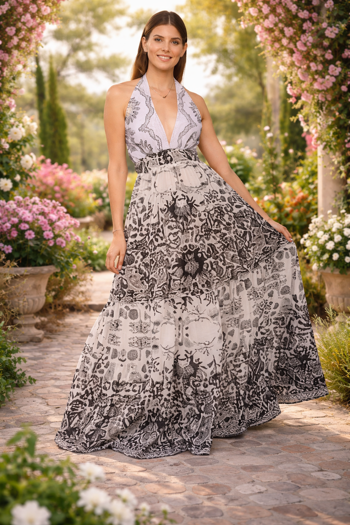 Black and white  Halter Maxi Dress-26274