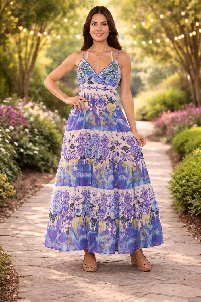 Blue & Lavender Bohemian Tiered Maxi Dress-2024-138