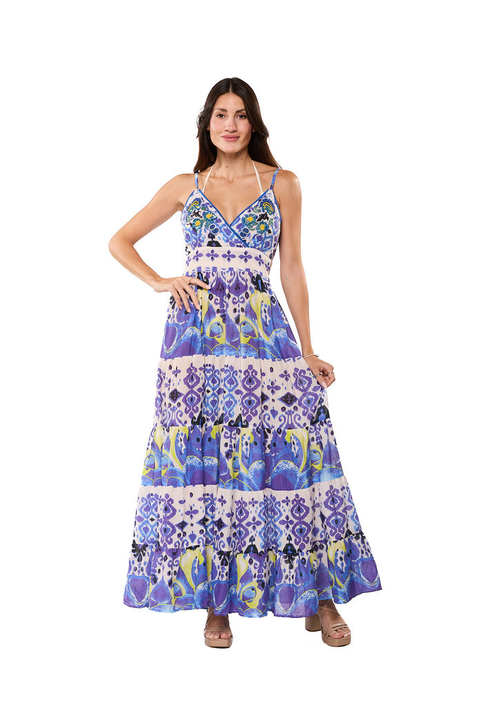 Blue & Lavender Bohemian Tiered Maxi Dress-2024-138