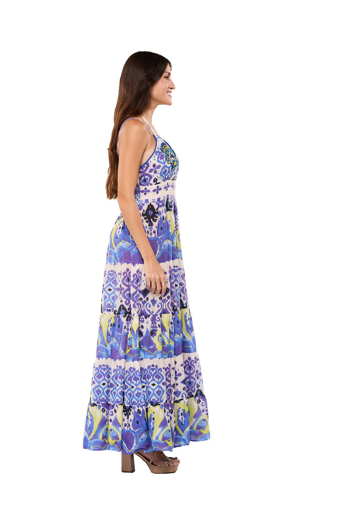 Blue & Lavender Bohemian Tiered Maxi Dress-2024-138
