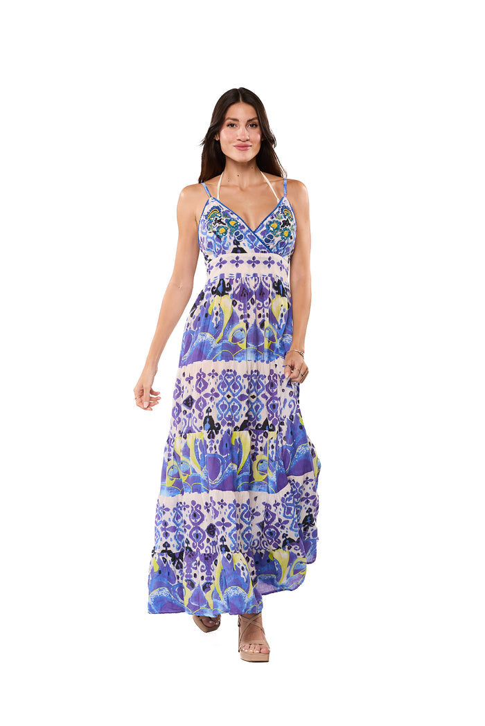 Blue & Lavender Bohemian Tiered Maxi Dress-2024-138
