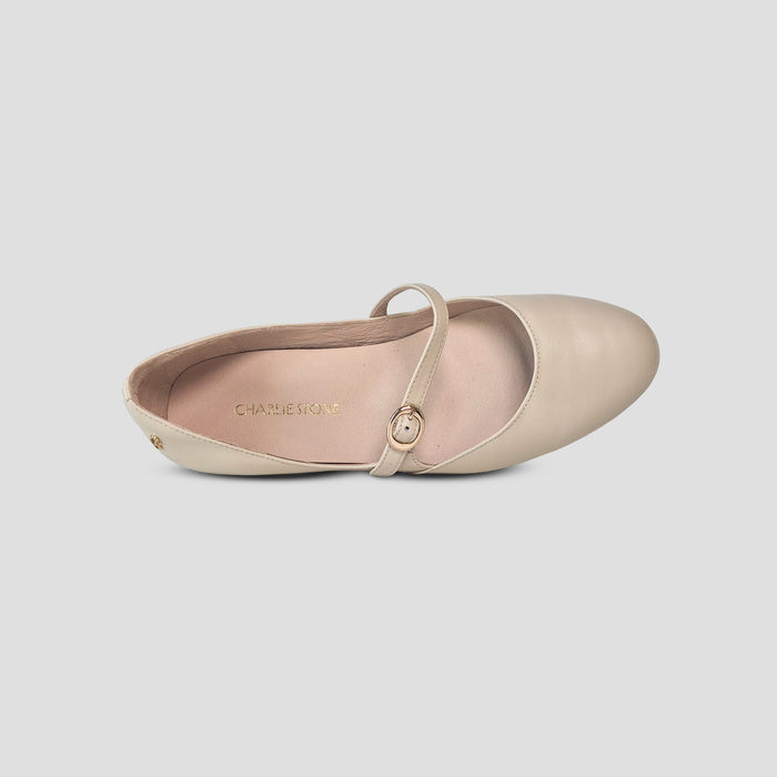 Charlie Stone Shoes Bronte bone leather vintage style flats old money classic mary jane style in cream neutral off white biomechanical insole for foot health heel pain