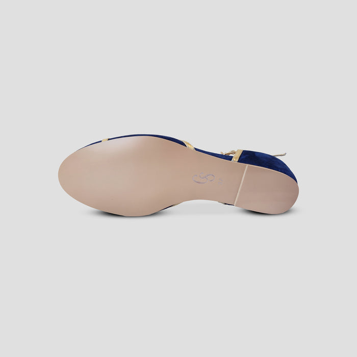 Charlie Stone Shoes Budapest elegant vintage inspired 1930's flats ladies shoes navy suede and gold leather womens sandals with heel elevation to help alleviate heel pain and discomfort