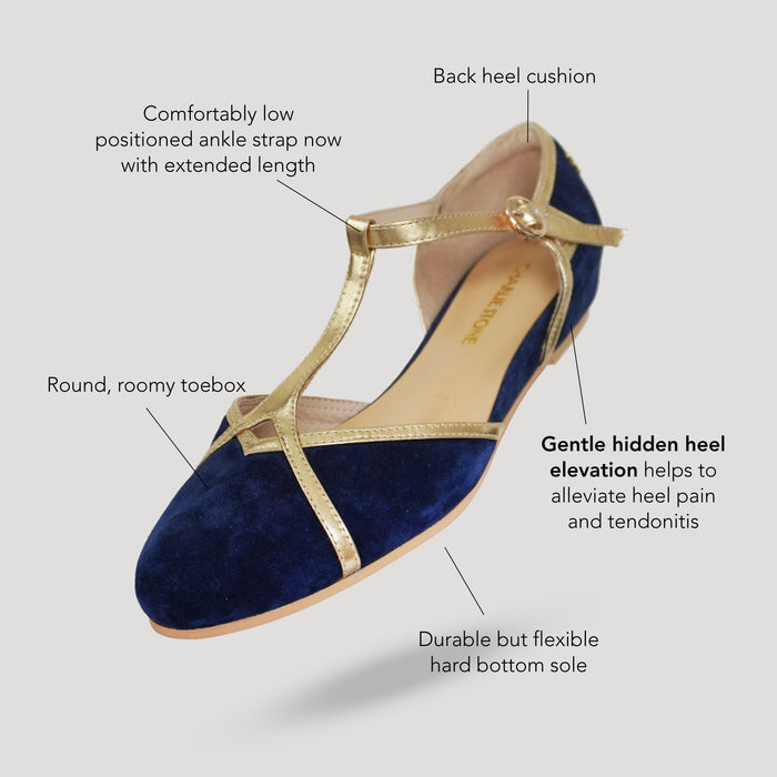 Charlie Stone Shoes Budapest elegant vintage inspired 1930's flats ladies shoes navy suede and gold leather womens sandals with heel elevation to help alleviate heel pain and discomfort
