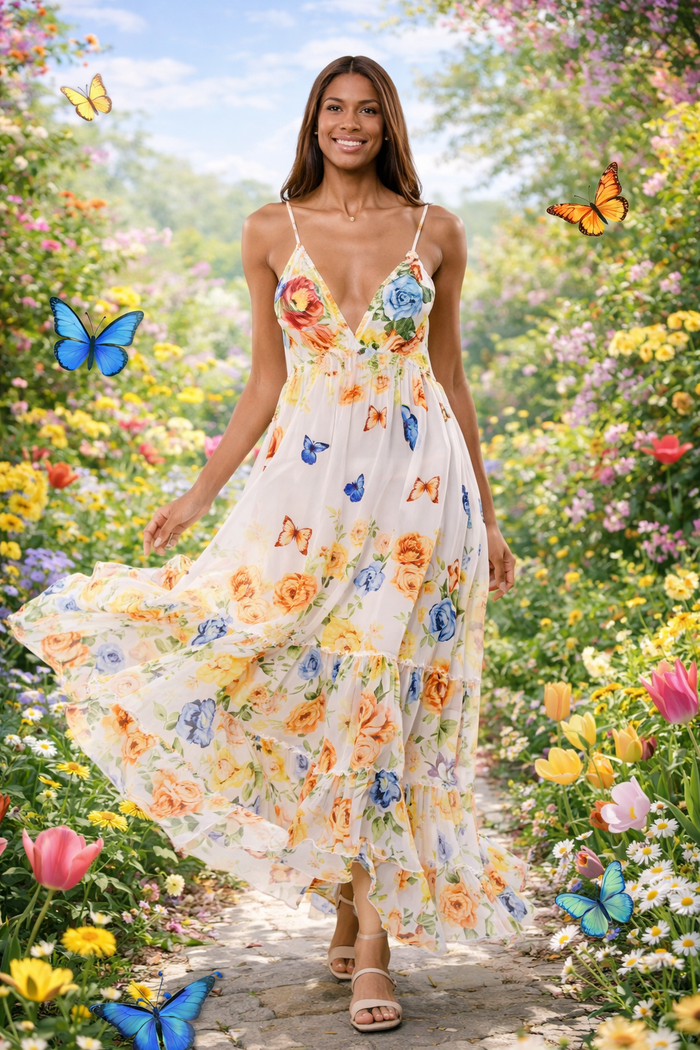 Butterfly Garden Floral Maxi Dress - AKC-31808