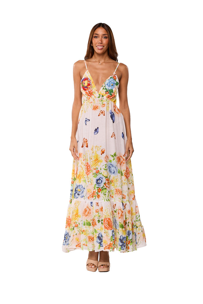 Butterfly Garden Floral Maxi Dress - AKC-31808