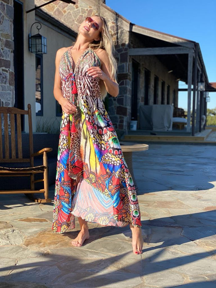 Butterfly multicolor halter hawaii dress