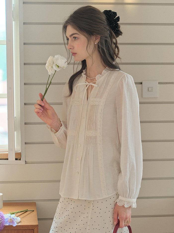 Cassia Pleated Ruffle Collar Lyocell Lace Blouse