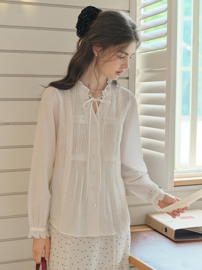 Cassia Pleated Ruffle Collar Lyocell Lace Blouse
