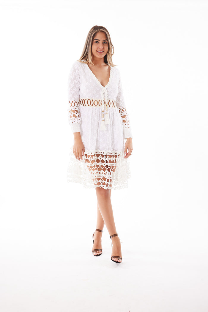 Classy women's dress, white and lace dress