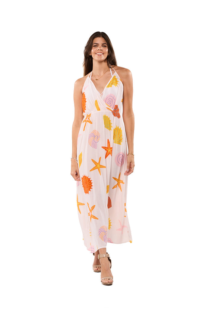 Coastal shell print halter dress