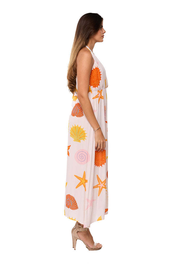 Coastal shell print halter dress