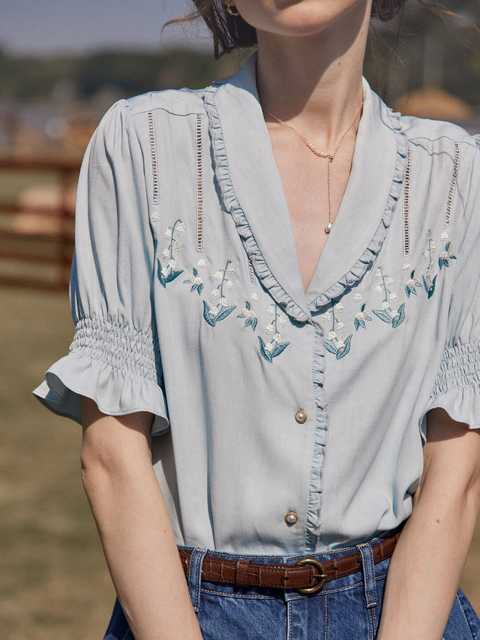Convallaria Floral Embroidered Puff Top/Simple Retro/66042