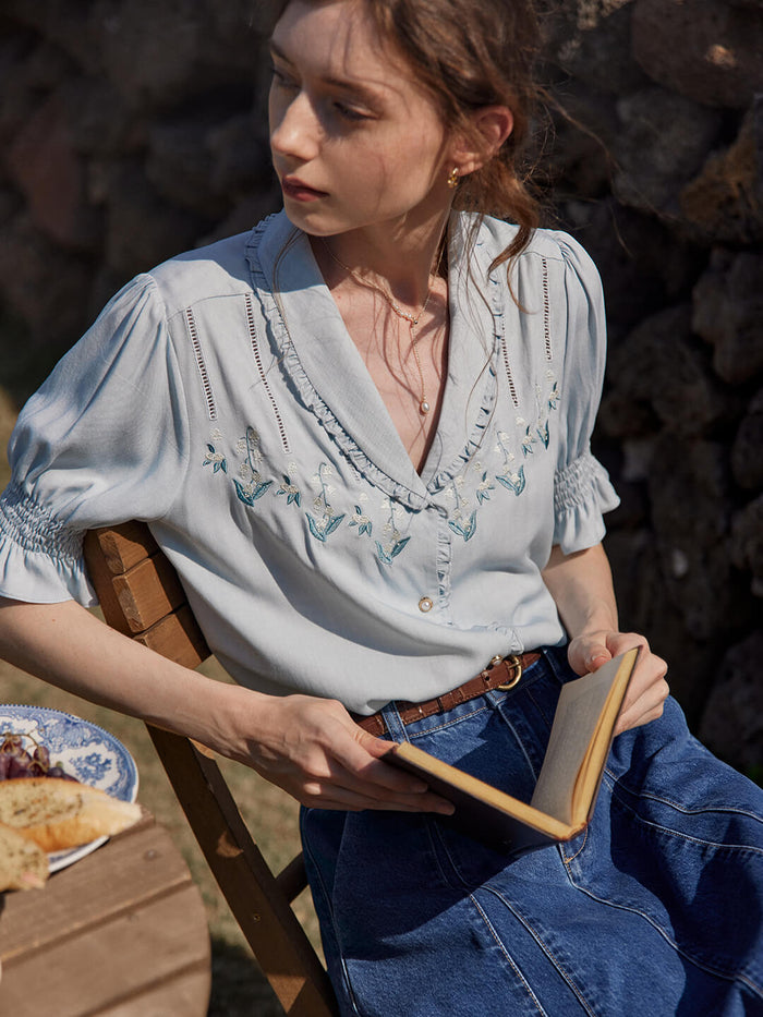 Convallaria Floral Embroidered Puff Top/Simple Retro/66042
