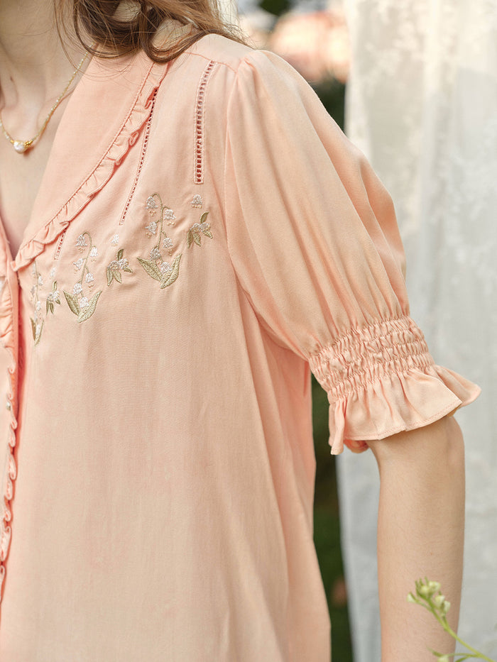 Convallaria Floral Embroidered Orange Puff Top