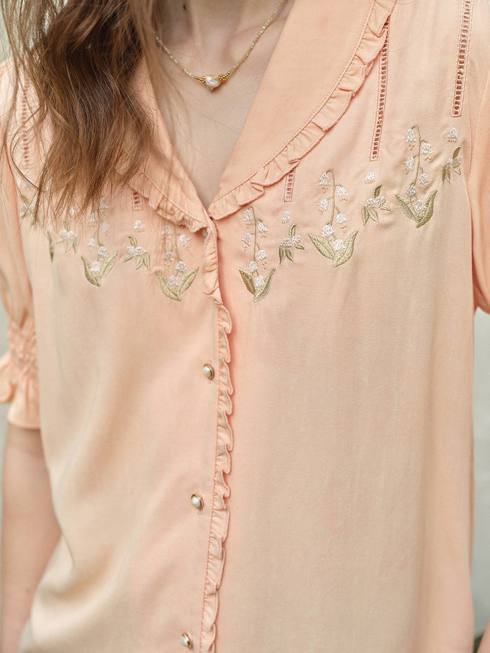 Convallaria Floral Embroidered Orange Puff Top