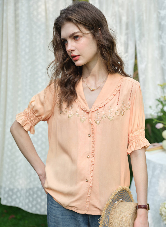 Convallaria Floral Embroidered Orange Puff Top