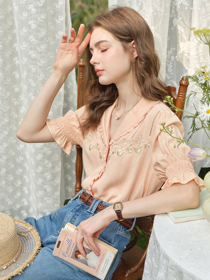 Convallaria Floral Embroidered Orange Puff Top