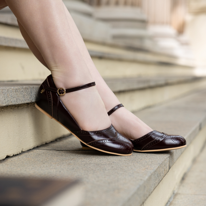 Charlie Stone Shoes vintage flats oxford wingtip academia style dark cocoa brown oiled leather