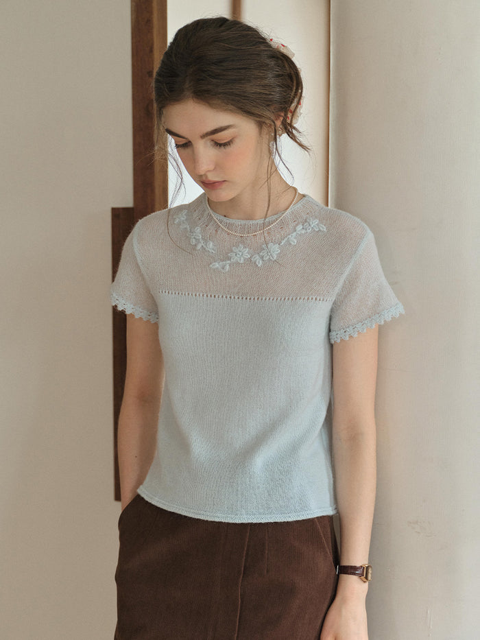 Ellianna Round Neck Lace Embroidery Knitwear