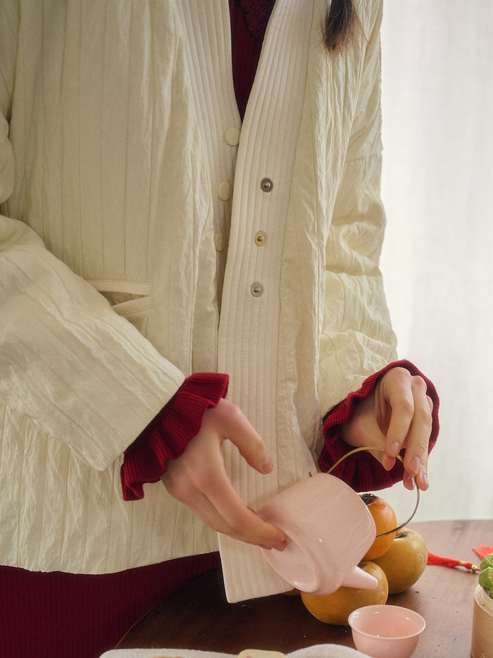 Emi Collarless Pocket Down Jacket - Off-white