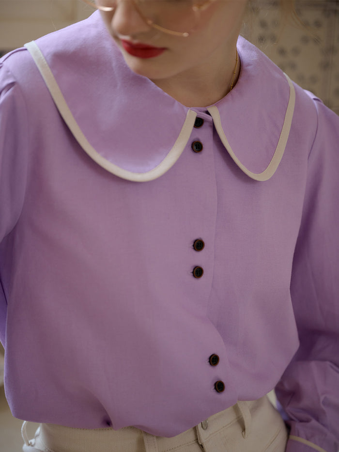 【Final Sale】Avayah Contrasting Doll Collar Balloon Sleeve Slit Linen Shirt-Purple