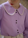 【Final Sale】Avayah Contrasting Doll Collar Balloon Sleeve Slit Linen Shirt-Purple