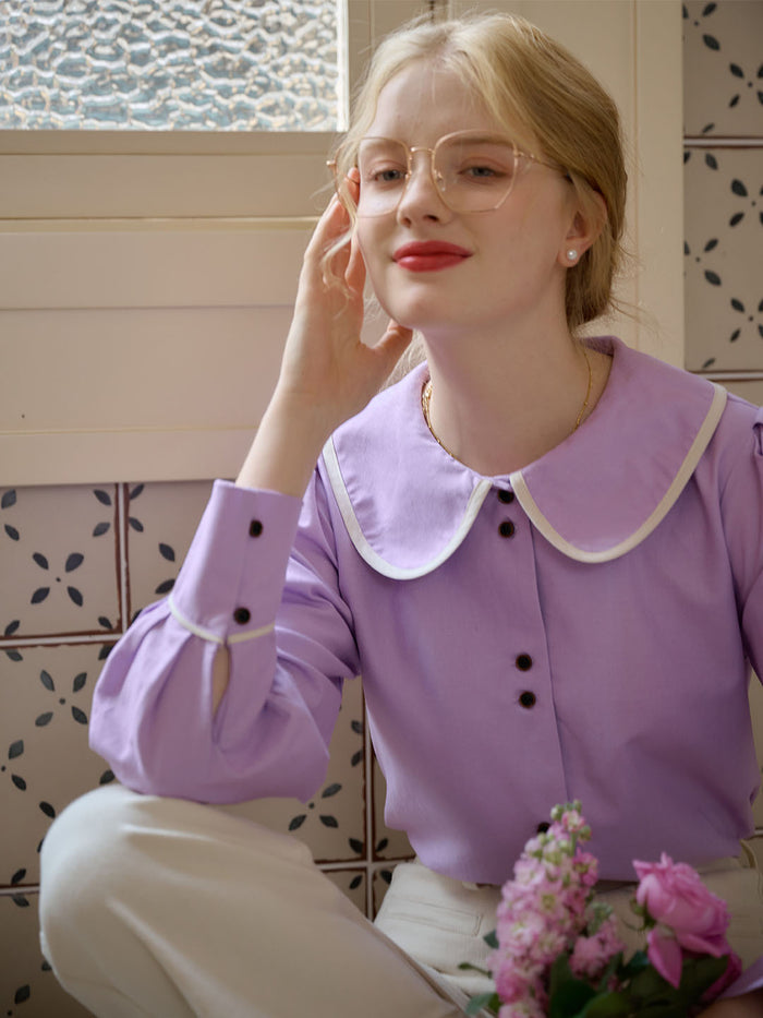 【Final Sale】Avayah Contrasting Doll Collar Balloon Sleeve Slit Linen Shirt-Purple