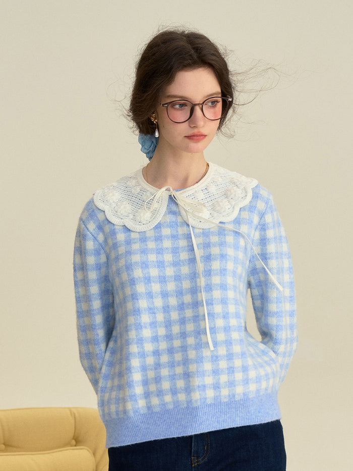 【Final Sale】Brielle Doll Collar Plaid Wool Sweater