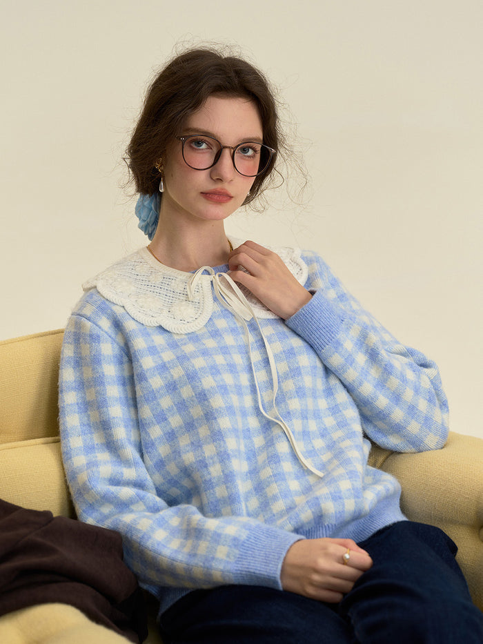 【Final Sale】Brielle Doll Collar Plaid Wool Sweater