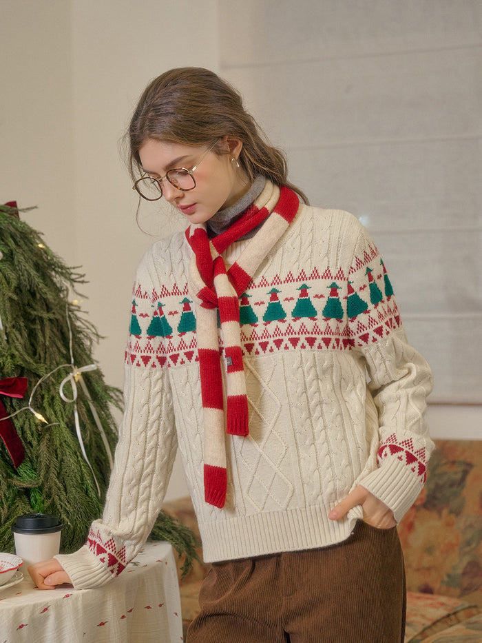 【Final Sale】Charlize Fair Isle Ribbed Round Neck Christmas Wool Sweater