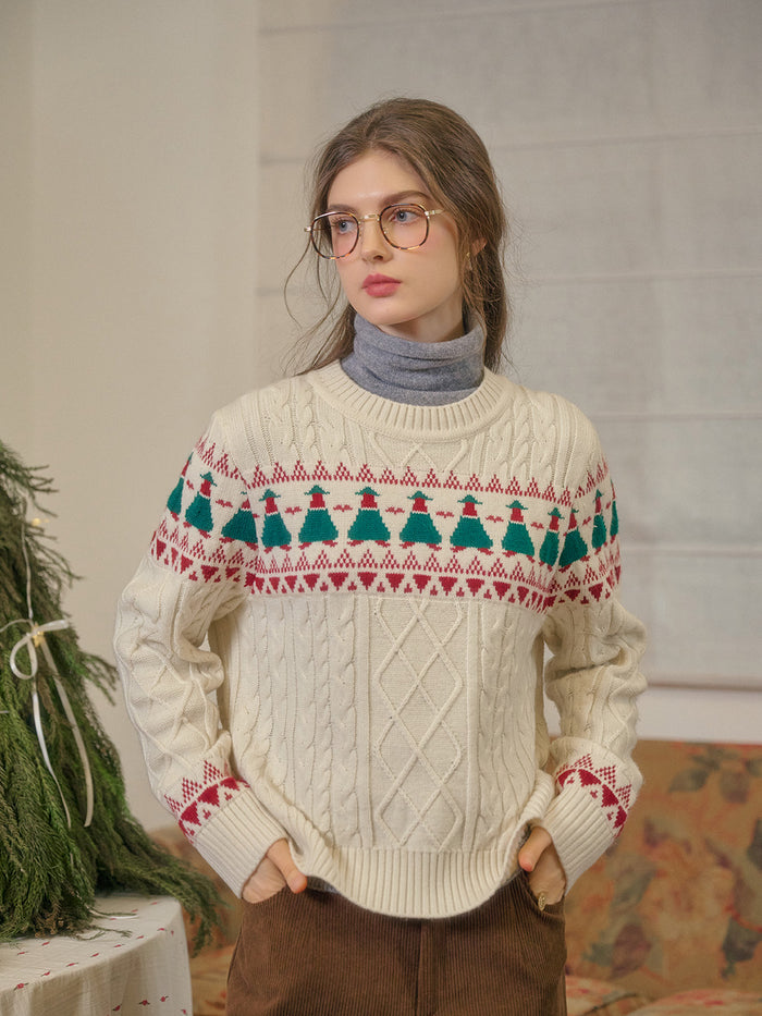 【Final Sale】Charlize Fair Isle Ribbed Round Neck Christmas Wool Sweater
